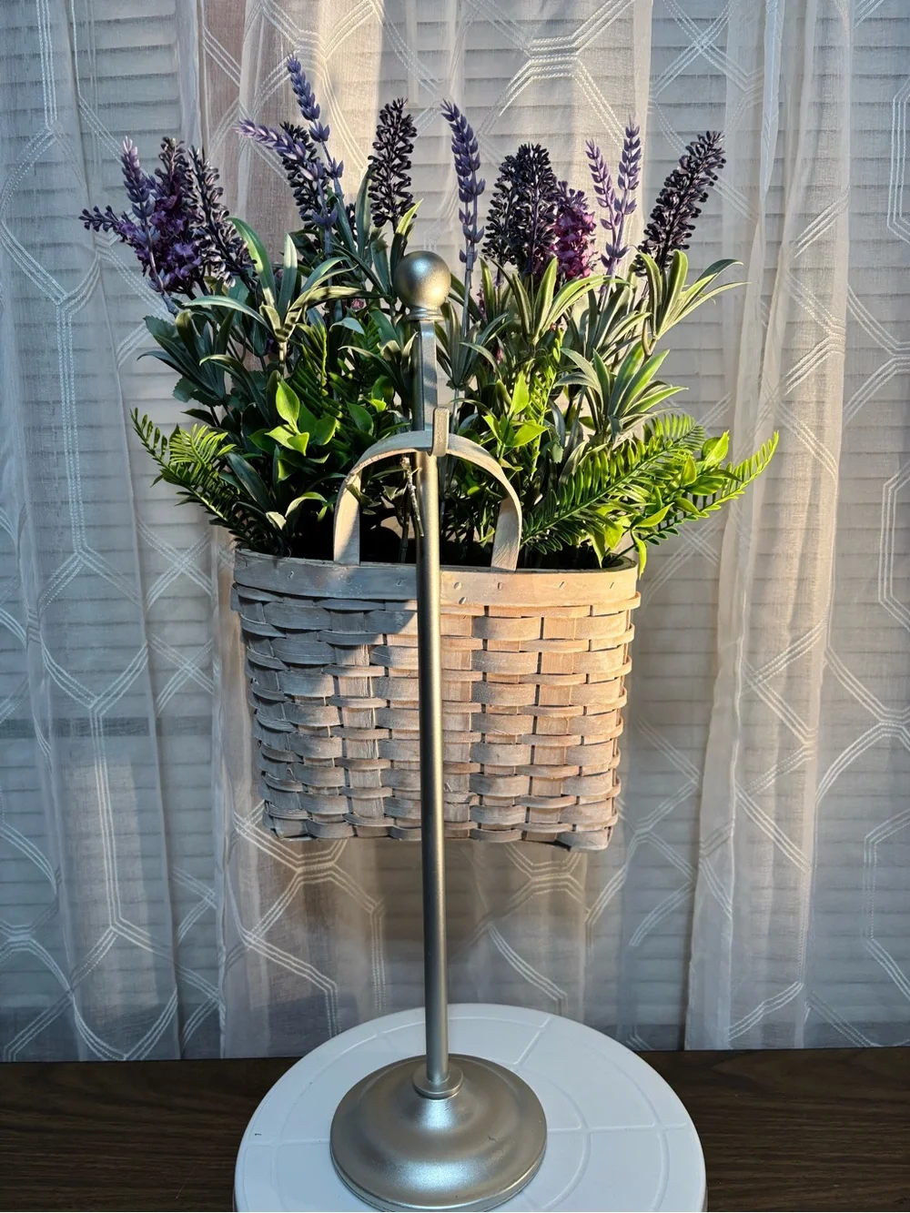 Decorative Lavender and Green Faux Floral Arrangement in White Woven Planter 18”